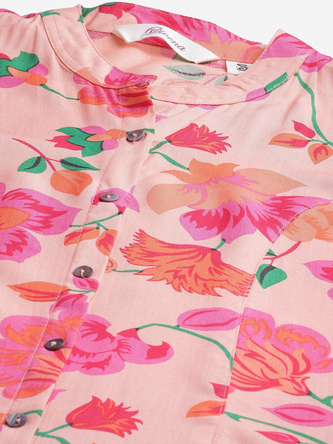  Rayon Peach Floral Print Shirt Style A-Line Top 