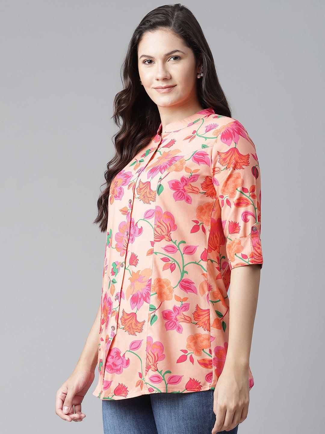 Rayon Peach Floral Print Shirt Style A-Line Top 