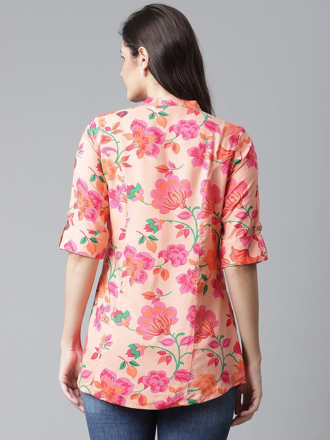  Rayon Peach Floral Print Shirt Style A-Line Top 