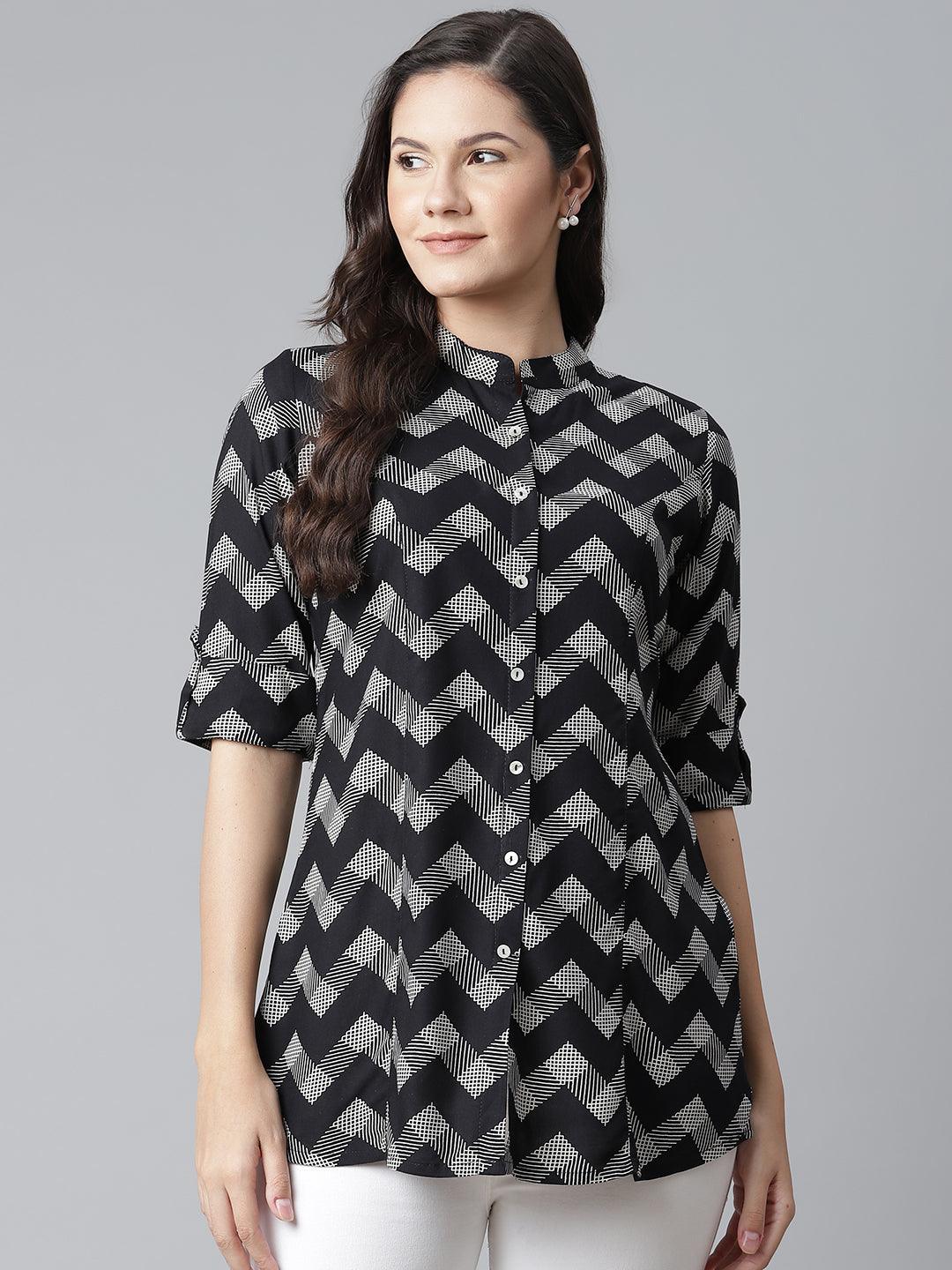  Black Rayon Zigzag Print Shirts Style Top 