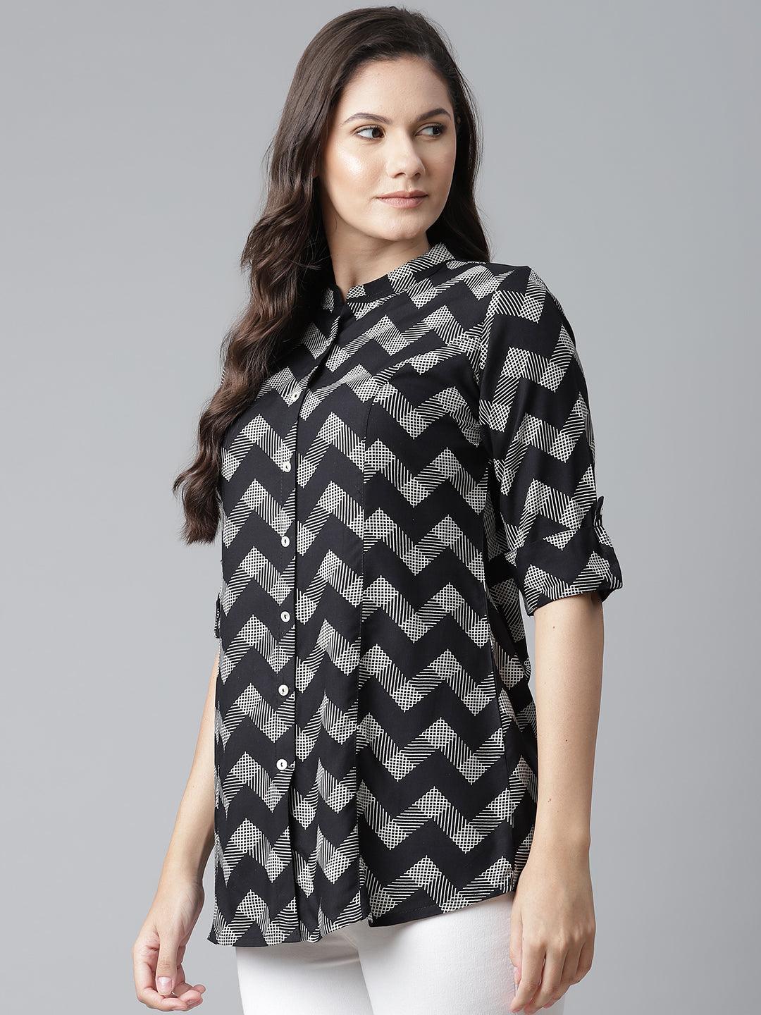  Black Rayon Zigzag Print Shirts Style Top 