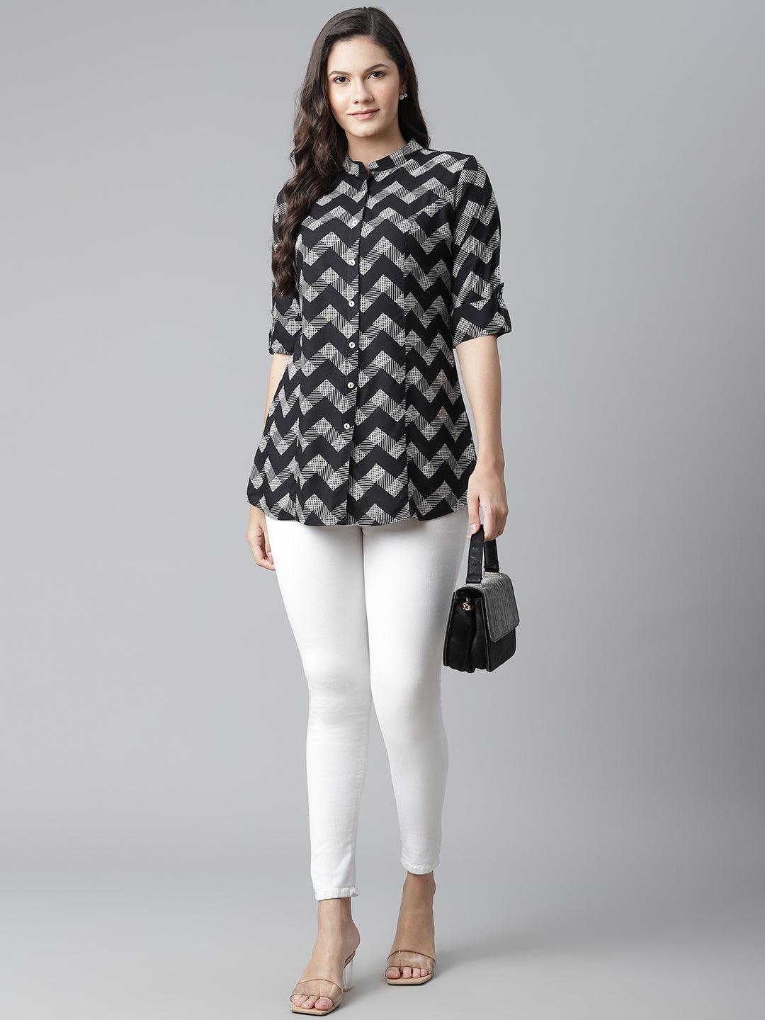  Black Rayon Zigzag Print Shirts Style Top 