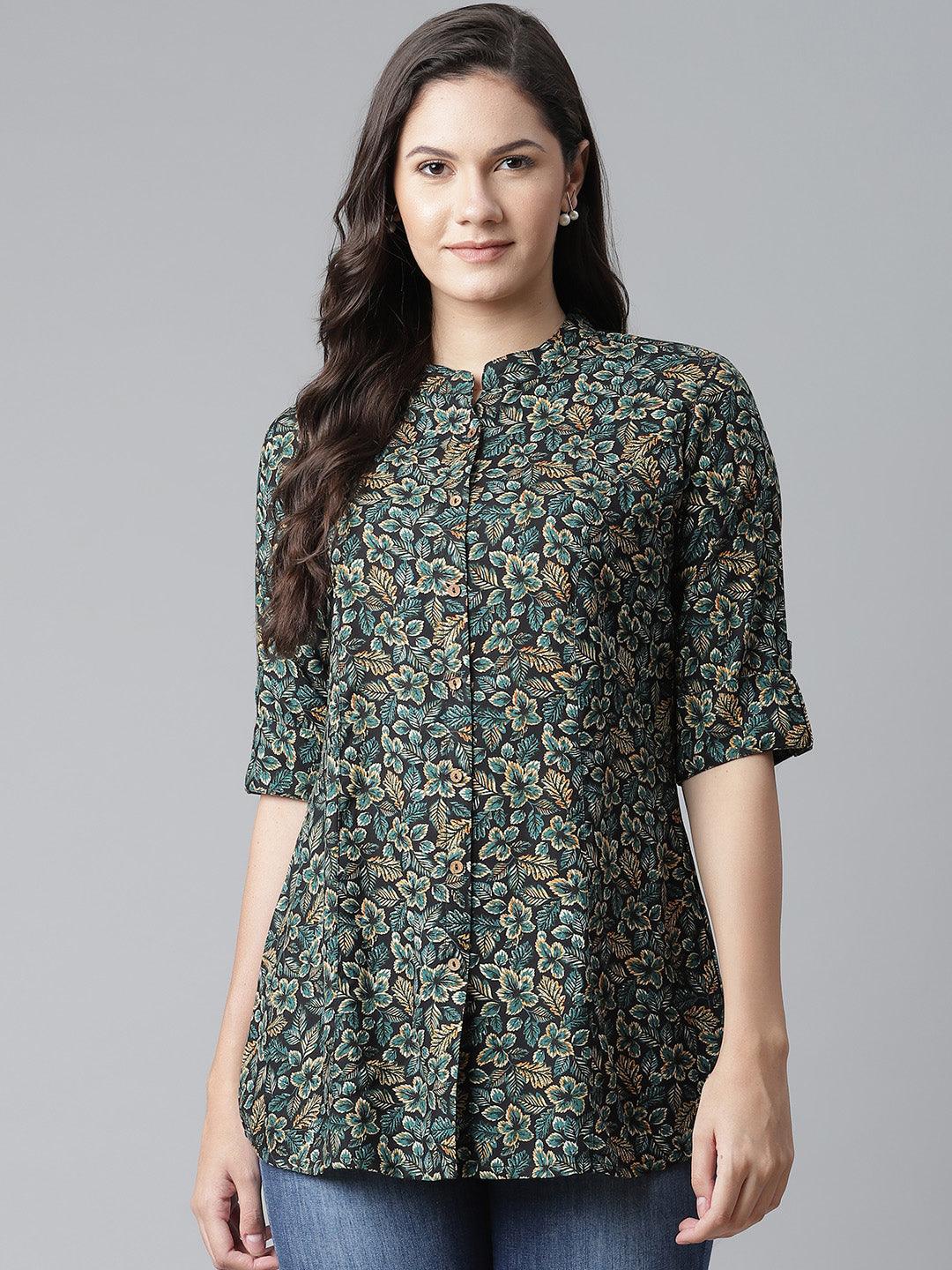  Navy Blue Green Rayon Printed Top 