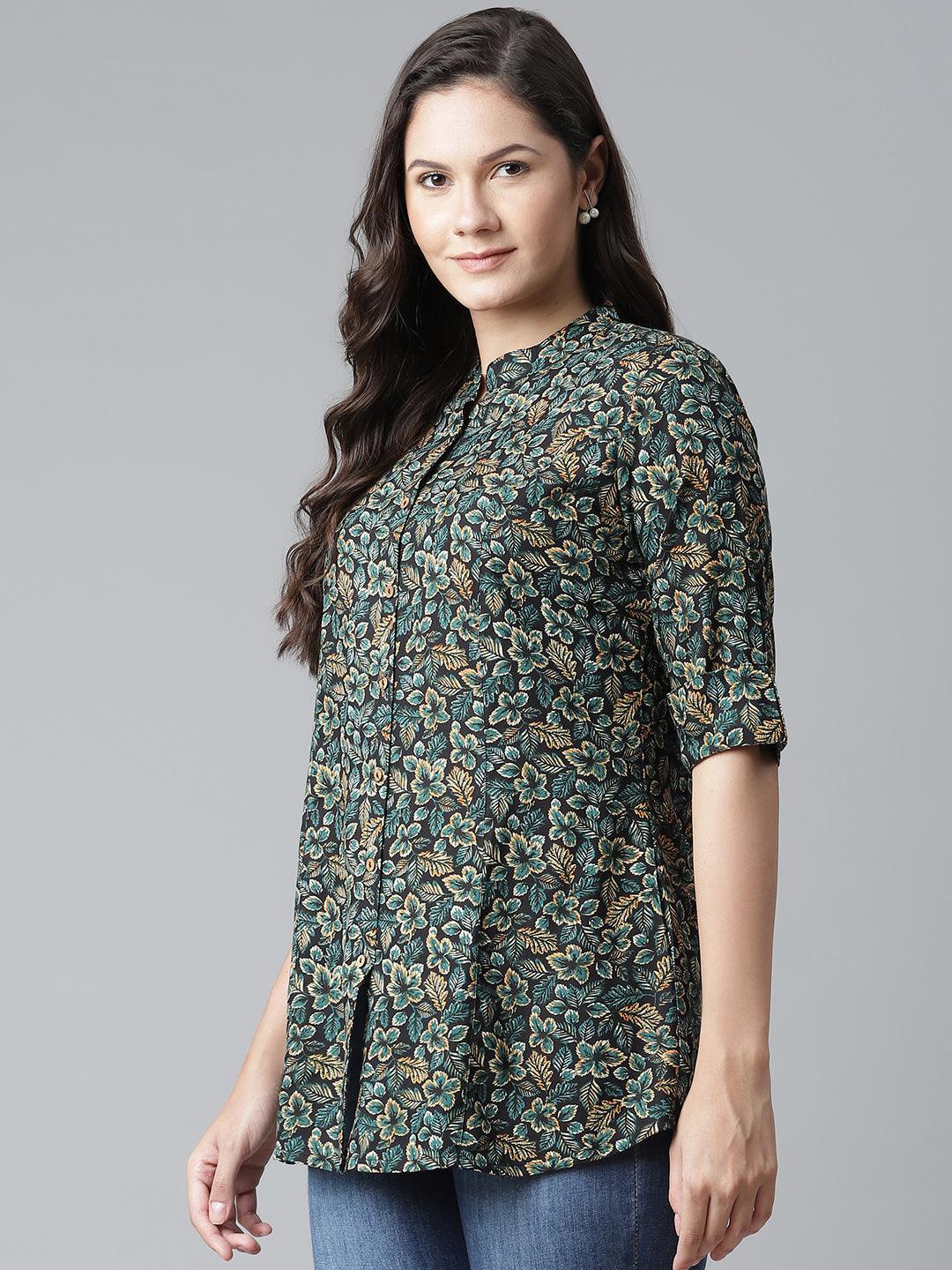  Navy Blue Green Rayon Printed Top 