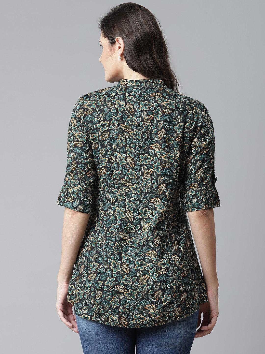  Navy Blue Green Rayon Printed Top 