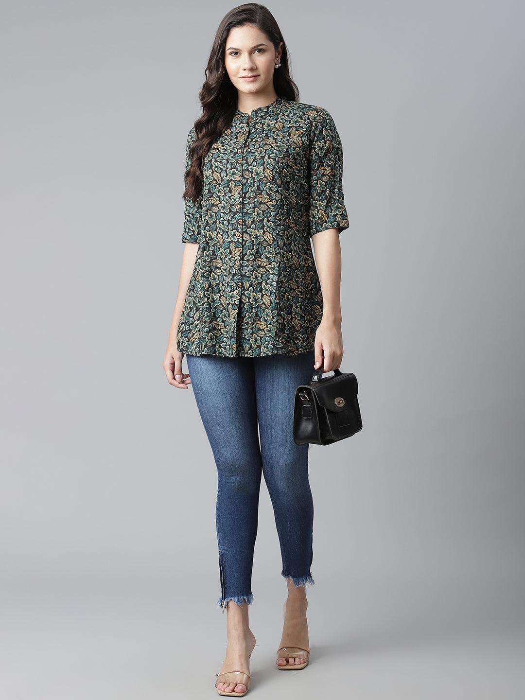  Navy Blue Green Rayon Printed Top 