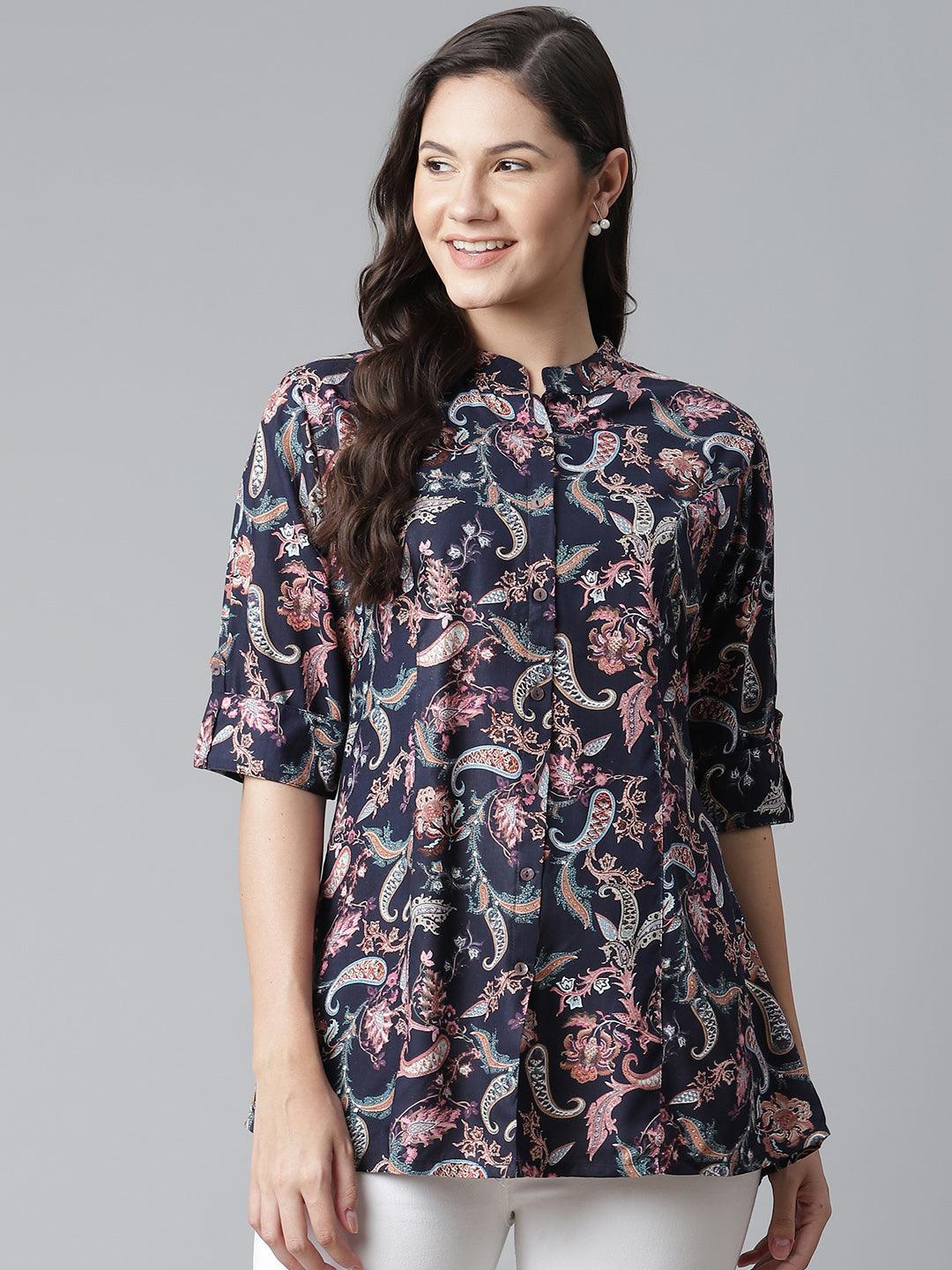  Blue Printed Rayon Shirt Style A-Line Top 
