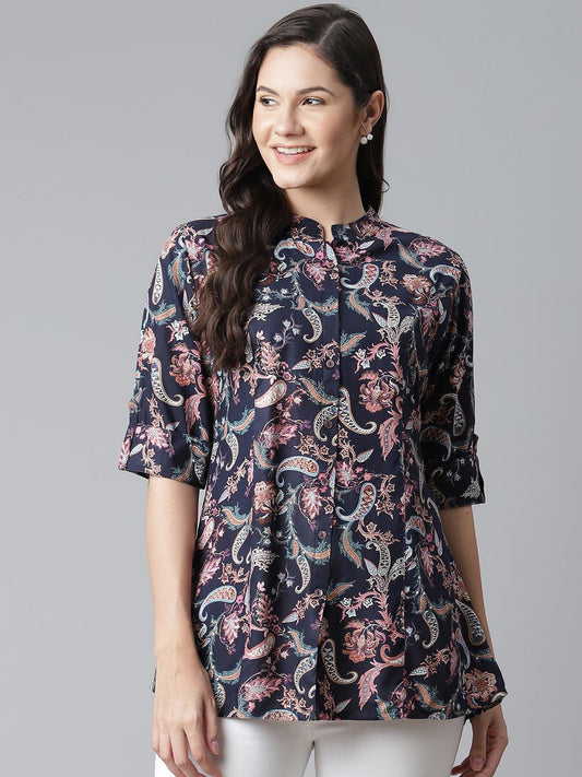  Blue Printed Rayon Shirt Style A-Line Top 