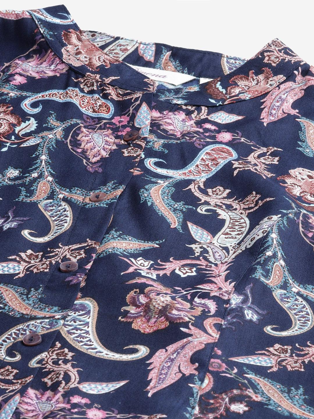  Blue Printed Rayon Shirt Style A-Line Top 