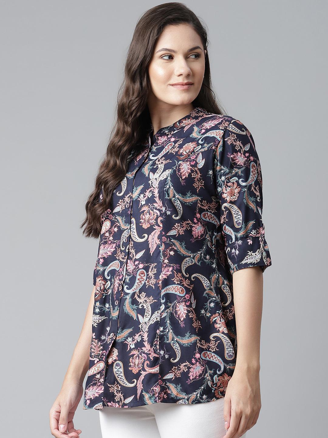  Blue Printed Rayon Shirt Style A-Line Top 