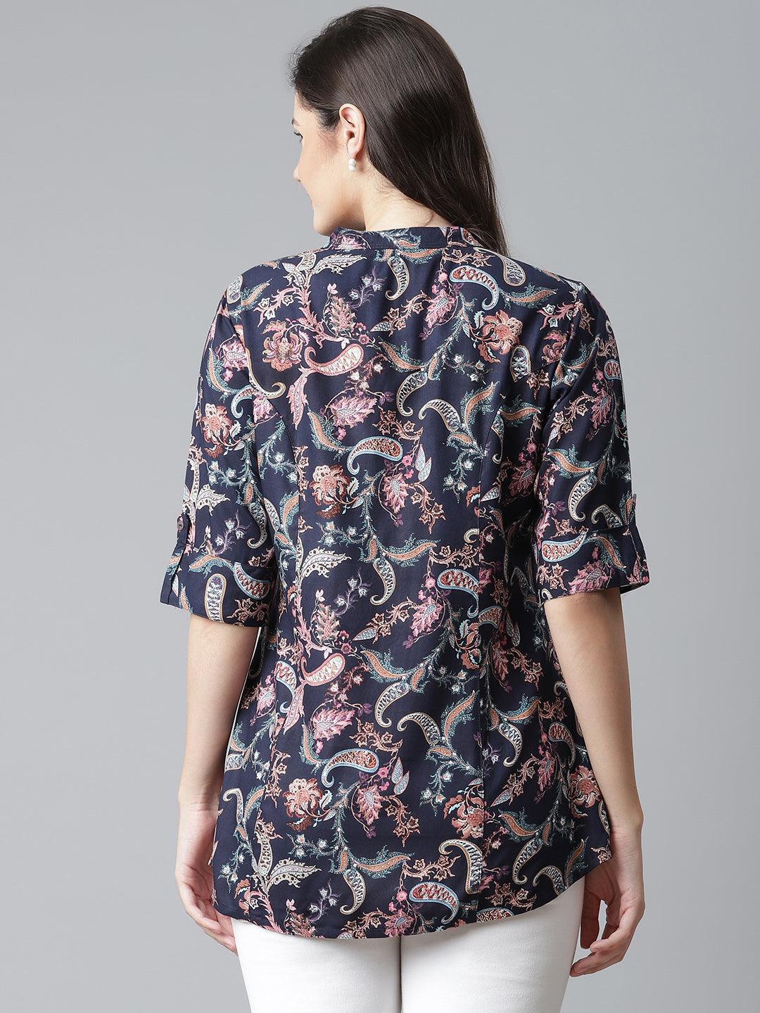  Blue Printed Rayon Shirt Style A-Line Top 