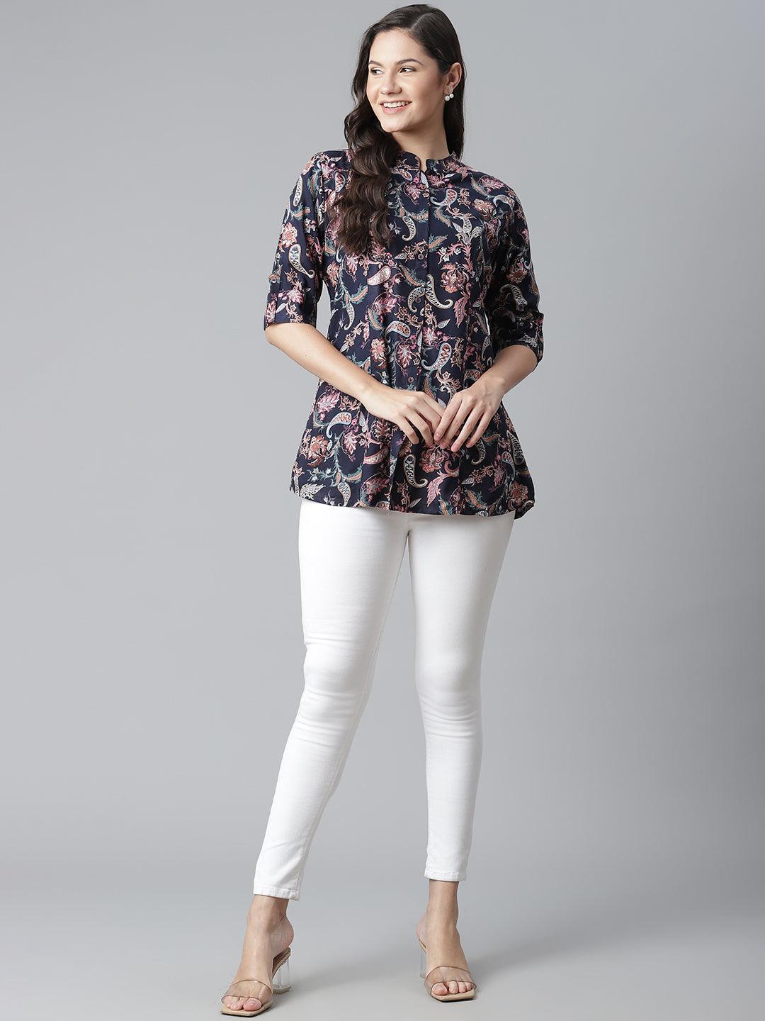  Blue Printed Rayon Shirt Style A-Line Top 