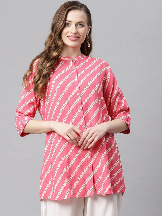  Pink Bandhani Rayon A-line Shirt Style Top 