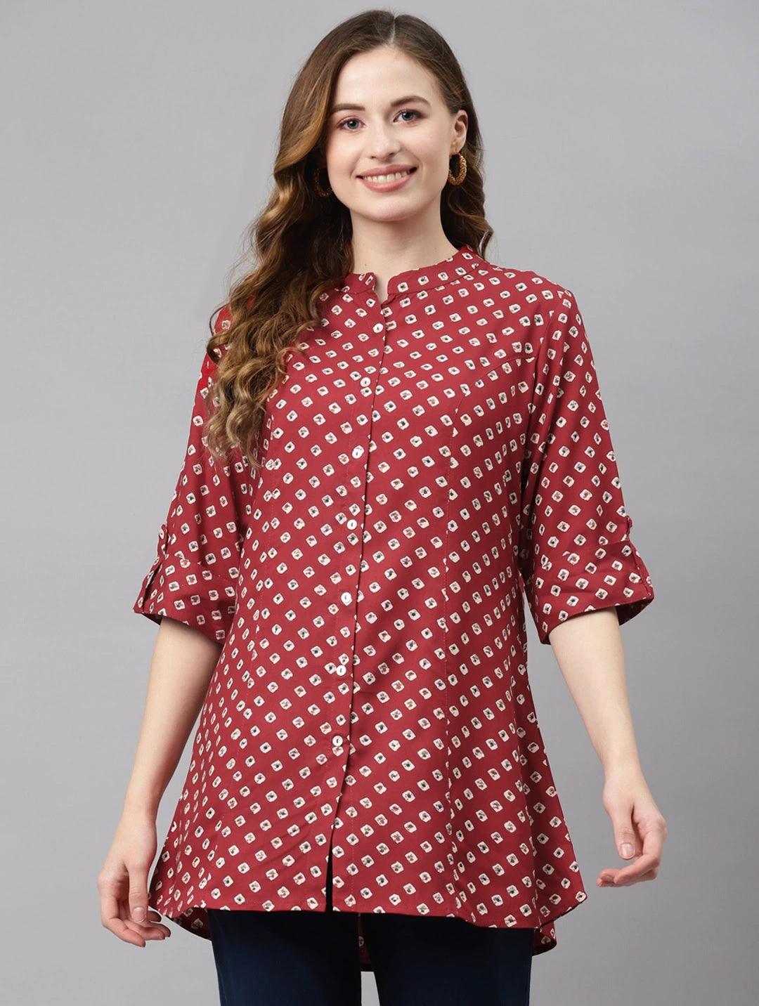  Maroon Bandhani Print Shirt Style A-line Top 