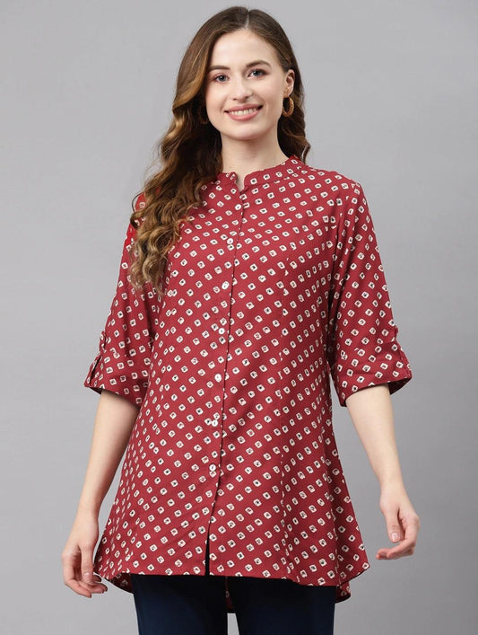  Maroon Bandhani Print Shirt Style A-line Top 