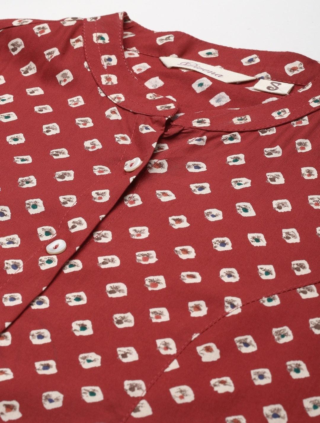  Maroon Bandhani Print Shirt Style A-line Top 