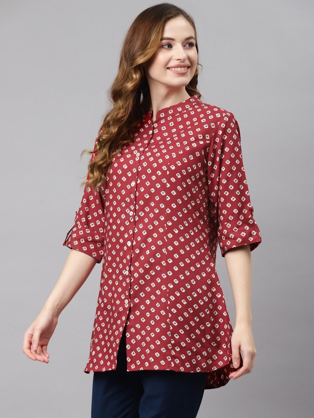  Maroon Bandhani Print Shirt Style A-line Top 