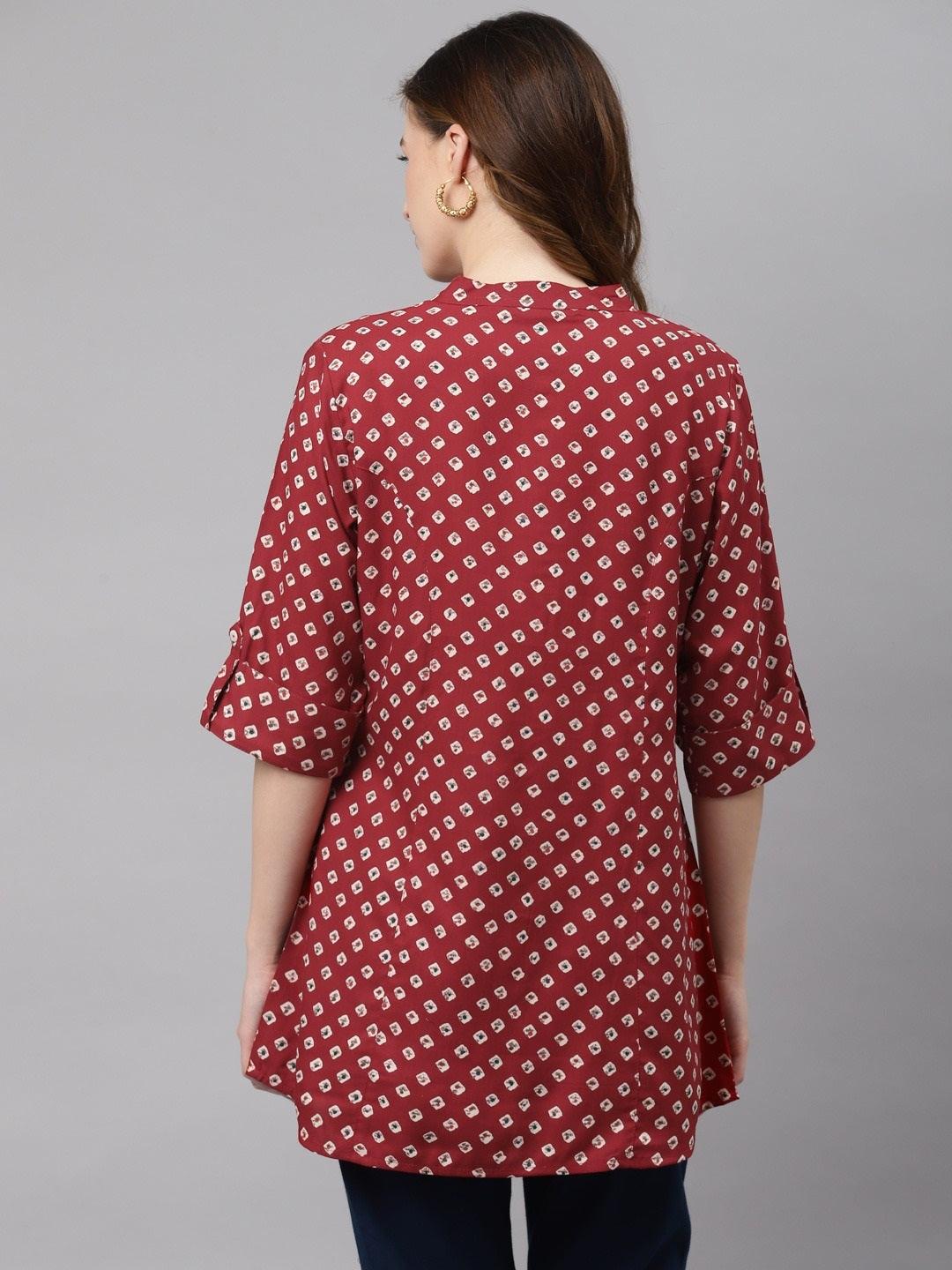  Maroon Bandhani Print Shirt Style A-line Top 