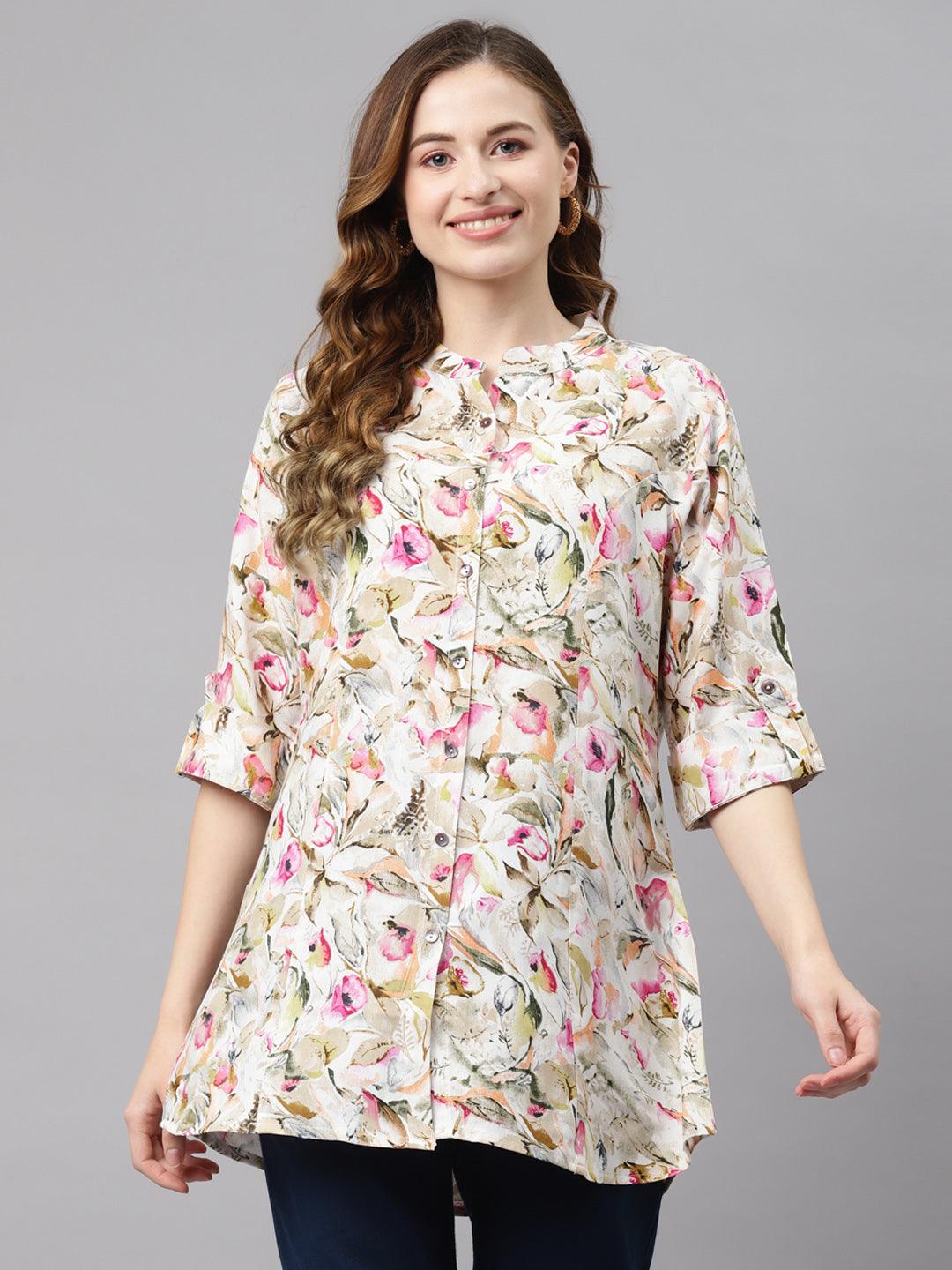  Multi Floral Rayon Shirt Style A-Line Top 