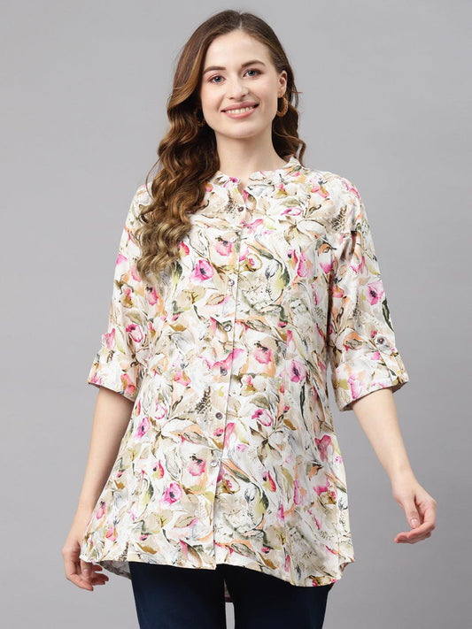  Multi Floral Rayon Shirt Style A-Line Top 
