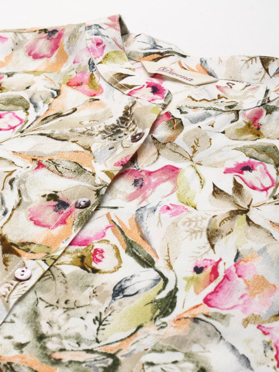 Multi Floral Rayon Shirt Style A-Line Top 