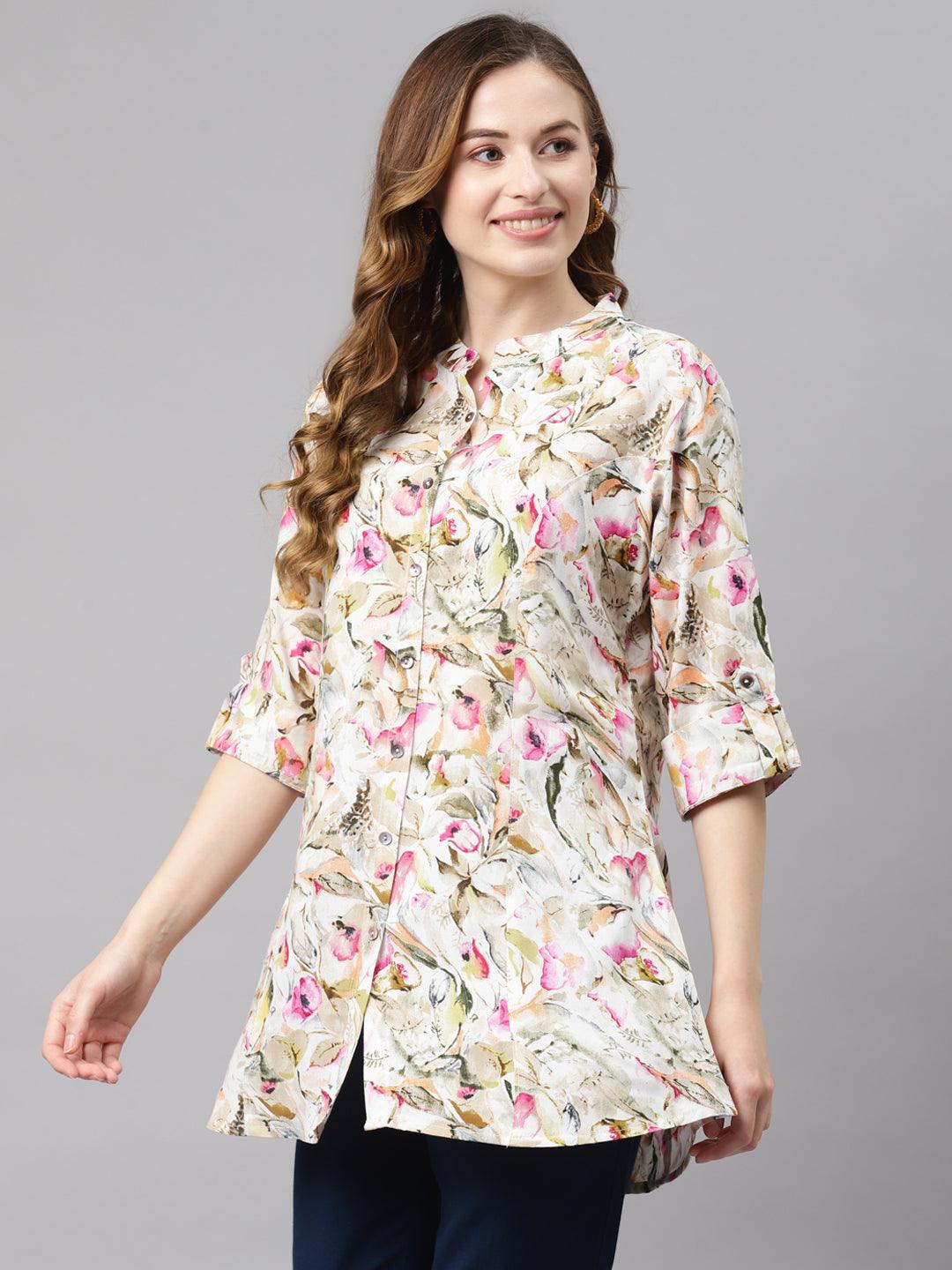  Multi Floral Rayon Shirt Style A-Line Top 