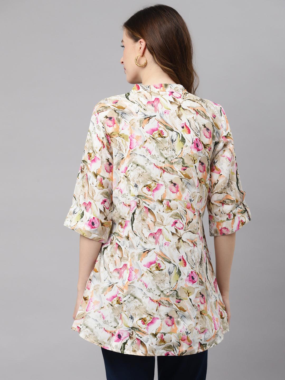  Multi Floral Rayon Shirt Style A-Line Top 