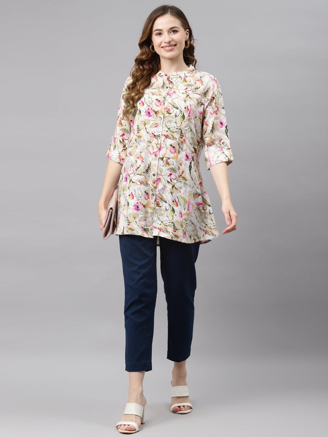 Multi Floral Rayon Shirt Style A-Line Top 
