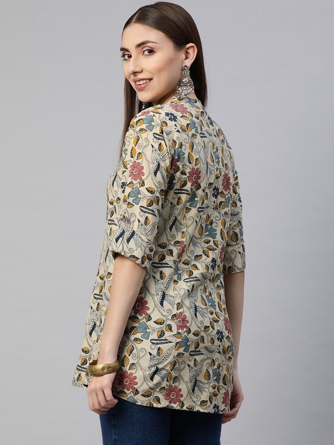  Beige Multi Floral Rayon A-line Shirts Style Top 