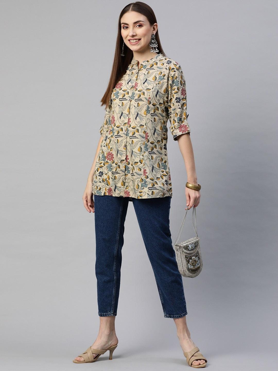  Beige Multi Floral Rayon A-line Shirts Style Top 