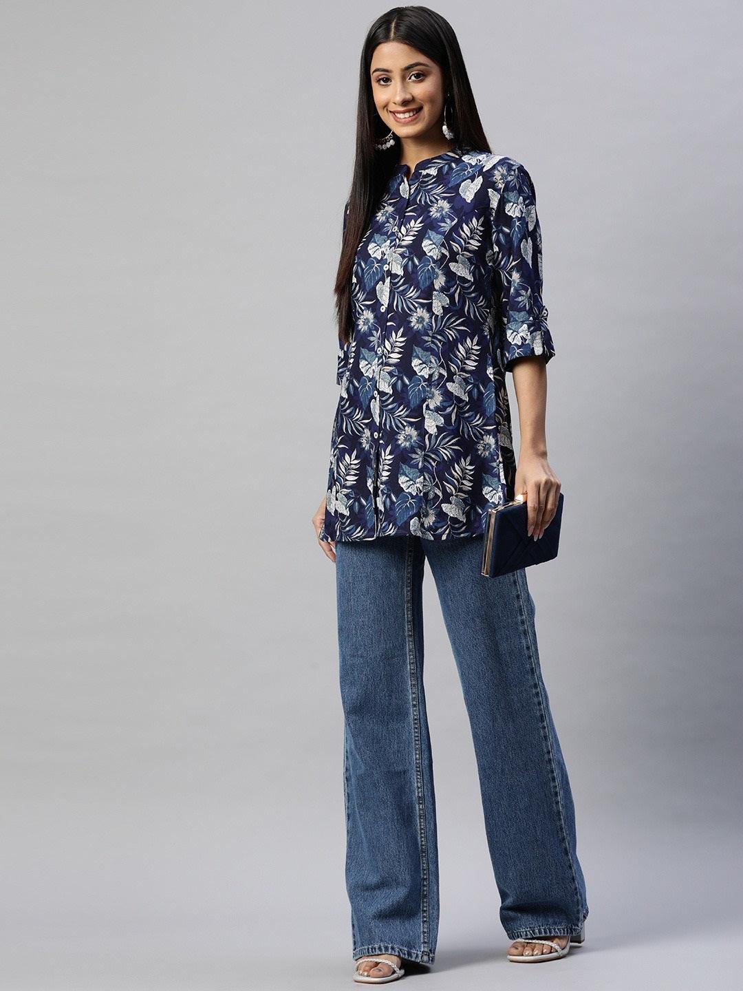  Navy Blue Rayon Printed Top 