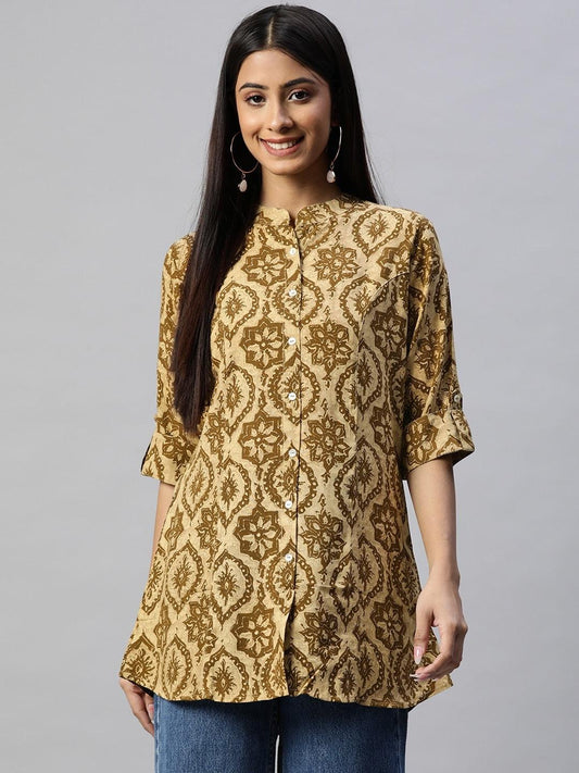  Coffee Brown Floral Rayon A-line Shirts Style Top 