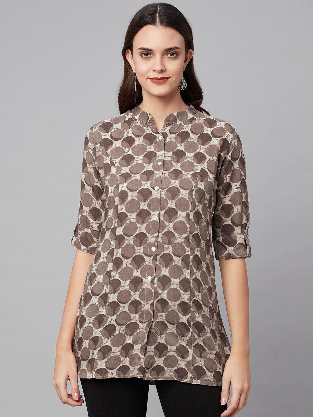  Brown Floral Rayon A-line Shirts Style Top 