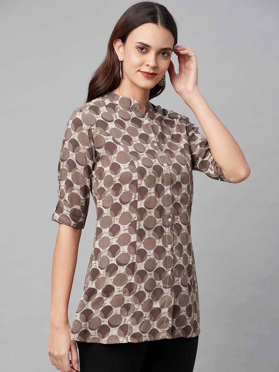  Brown Floral Rayon A-line Shirts Style Top 