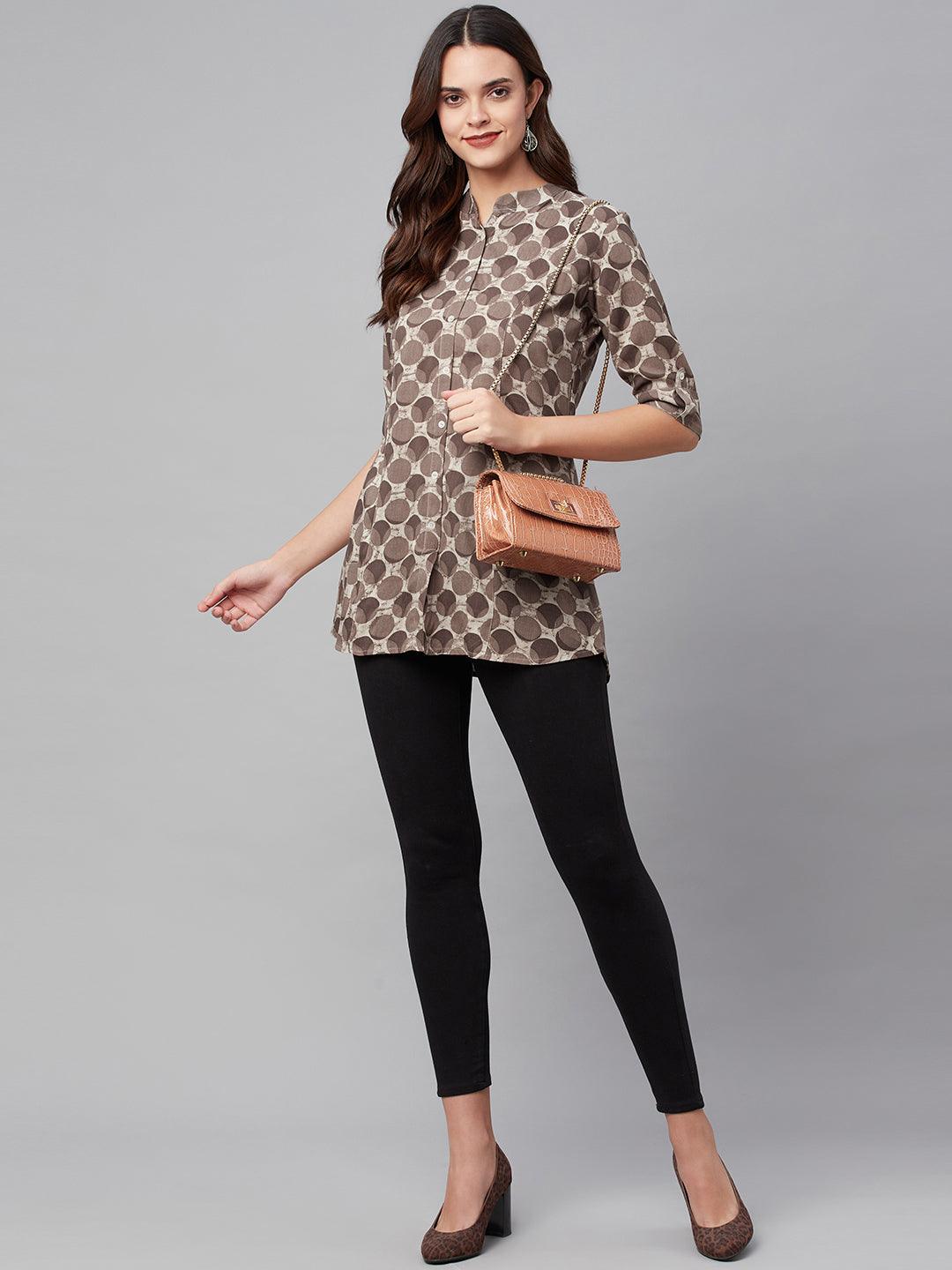  Brown Floral Rayon A-line Shirts Style Top 