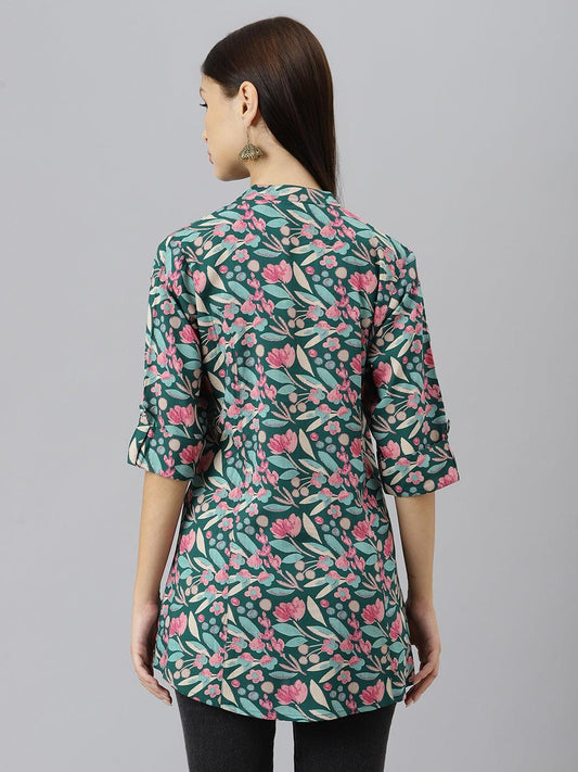  Dark Green Floral Rayon A-line Shirts Style Top - world.com