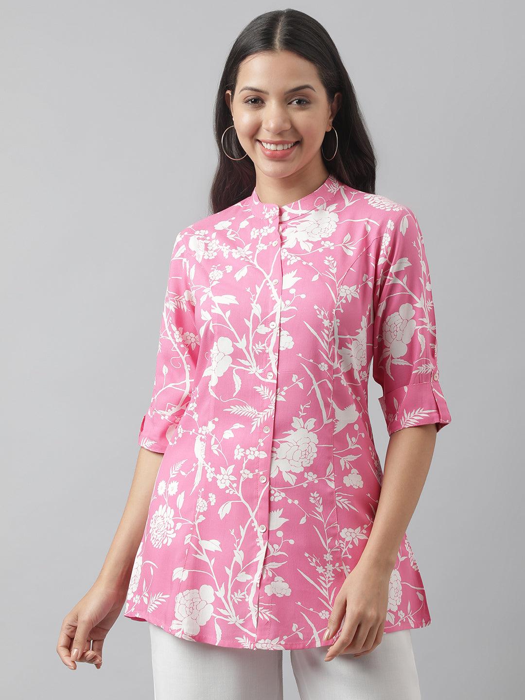   Light Pink Floral Printed Rayon A-line Shirt Style Top 