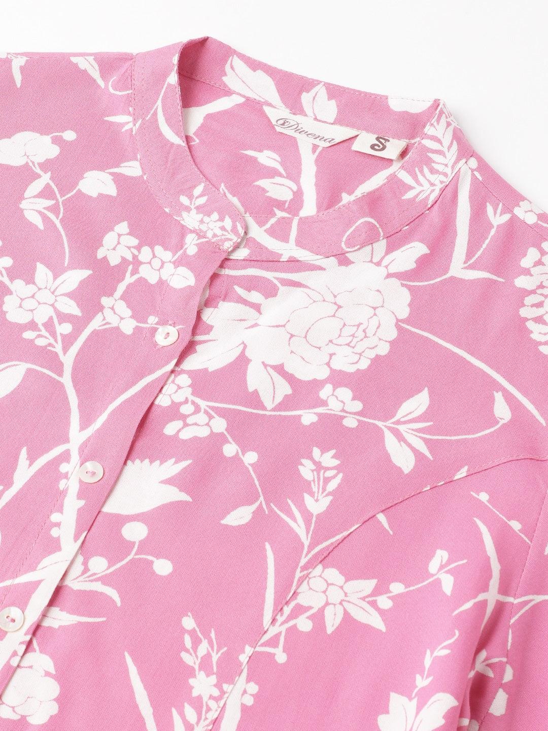   Light Pink Floral Printed Rayon A-line Shirt Style Top 