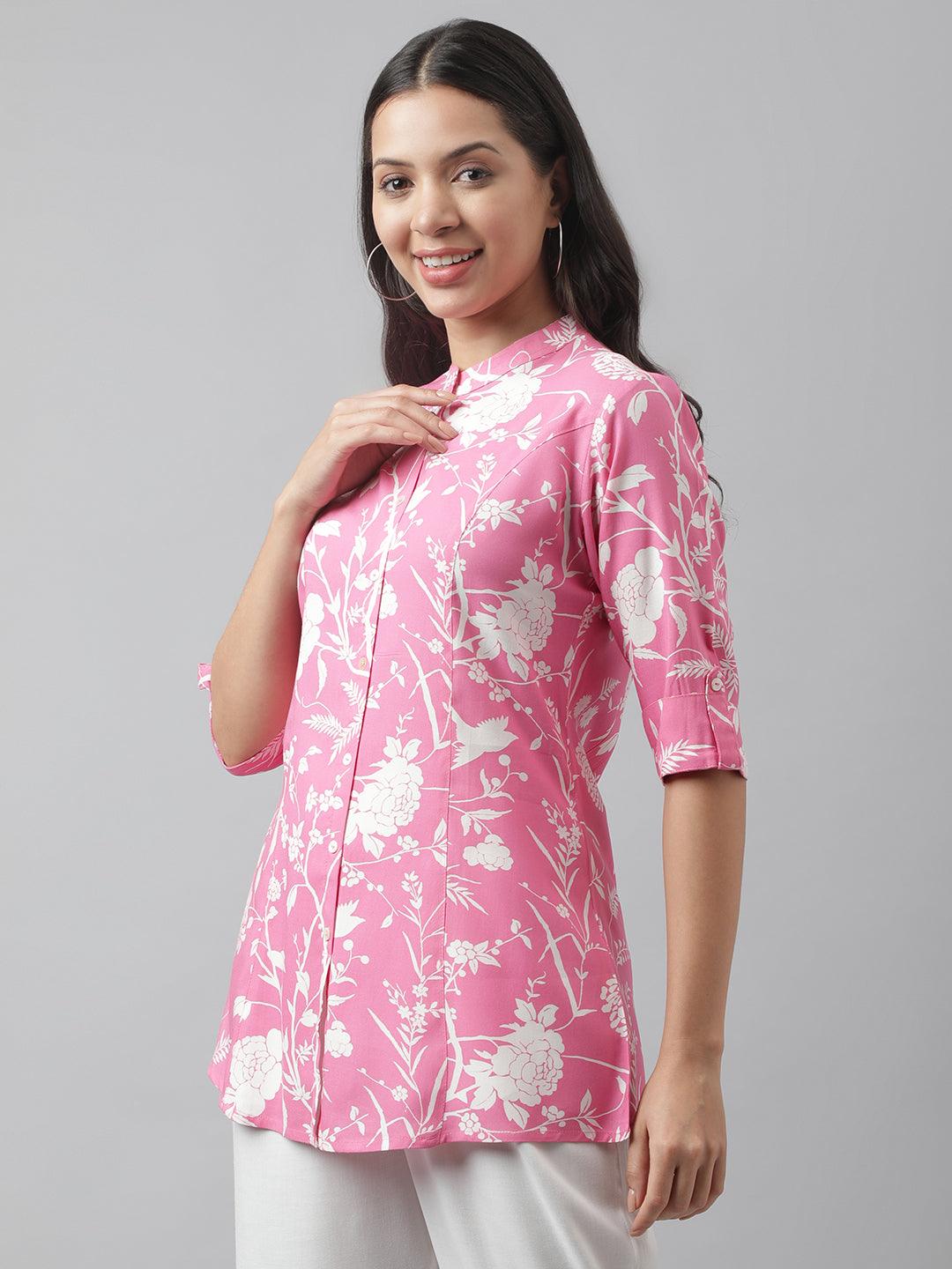   Light Pink Floral Printed Rayon A-line Shirt Style Top 