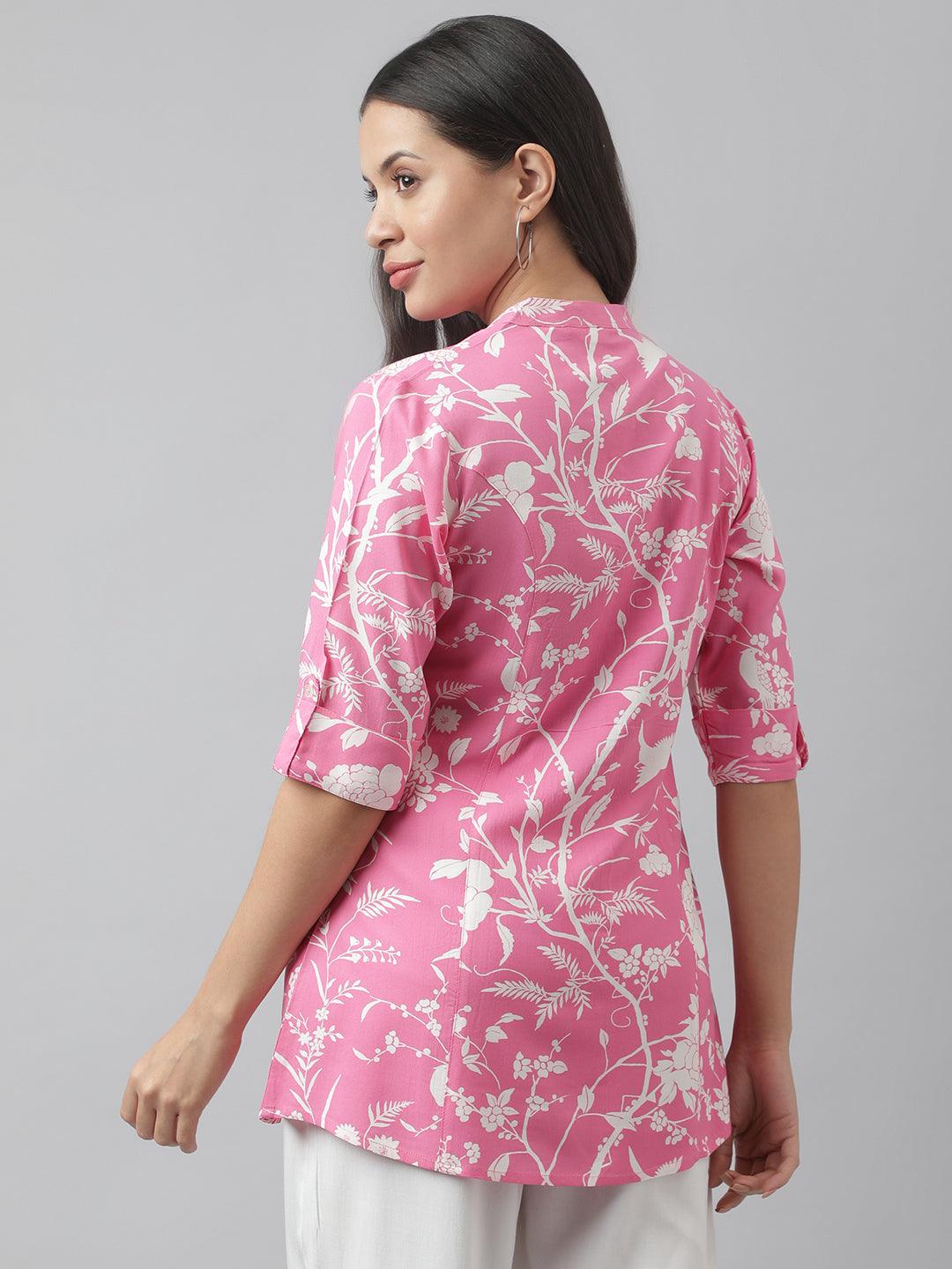   Light Pink Floral Printed Rayon A-line Shirt Style Top 