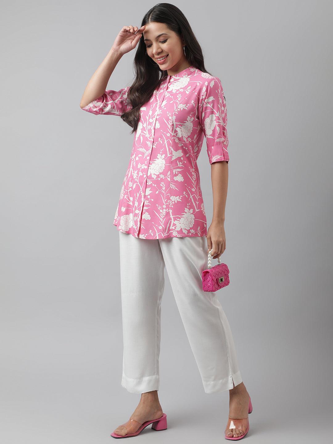   Light Pink Floral Printed Rayon A-line Shirt Style Top 