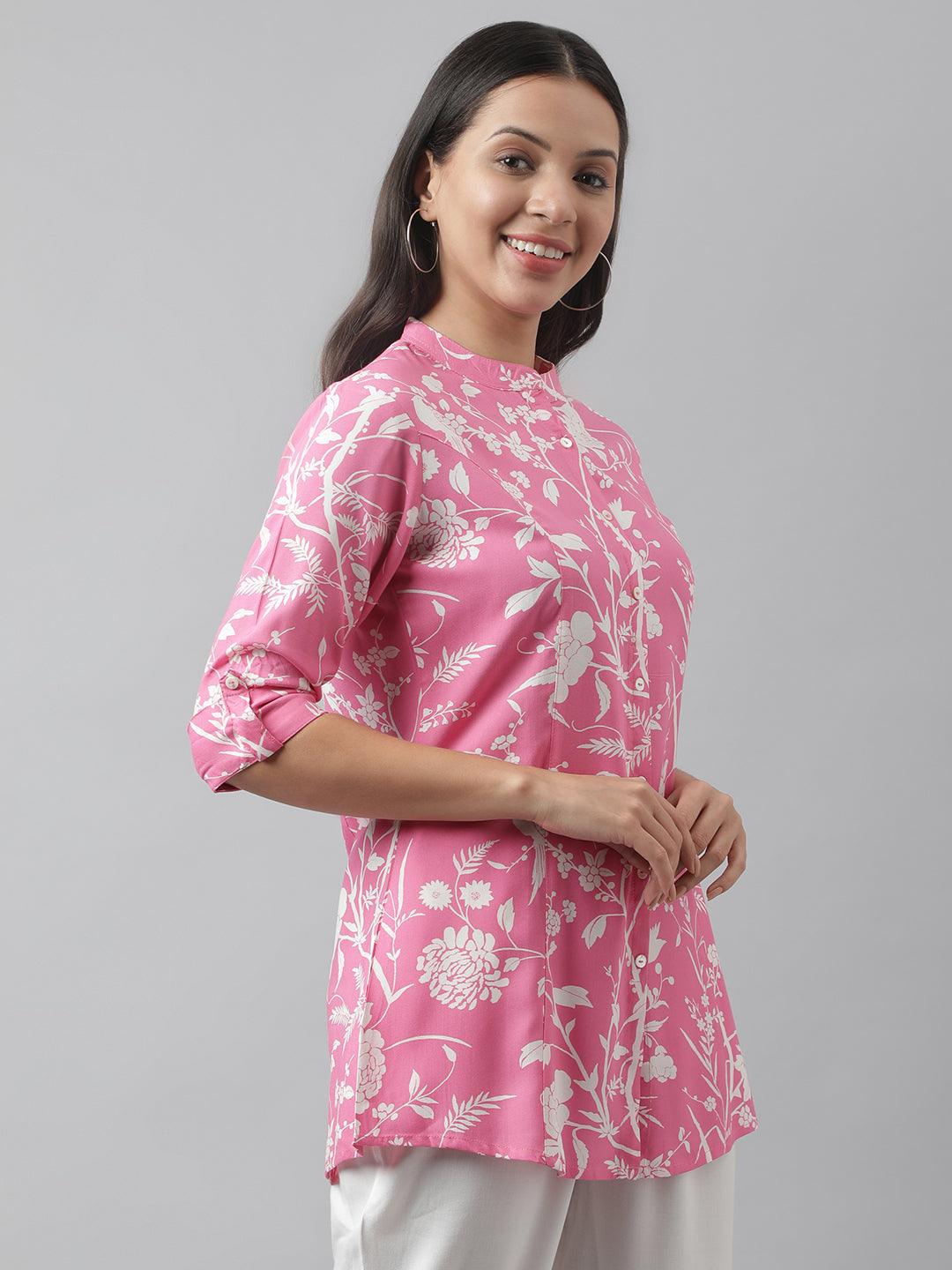   Light Pink Floral Printed Rayon A-line Shirt Style Top 