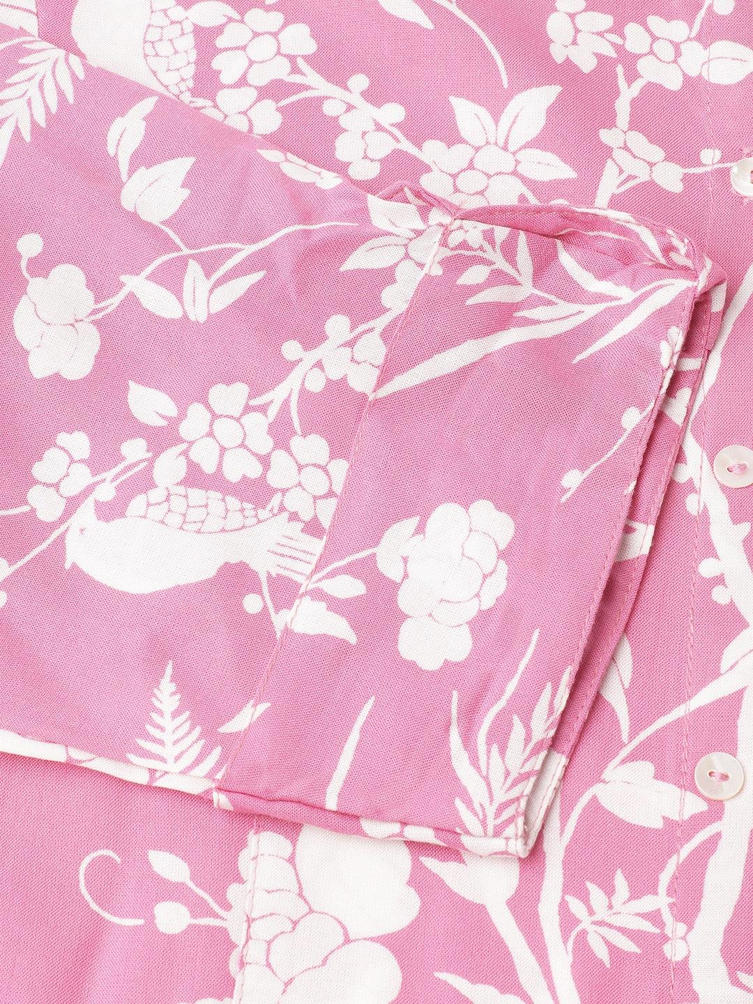   Light Pink Floral Printed Rayon A-line Shirt Style Top 
