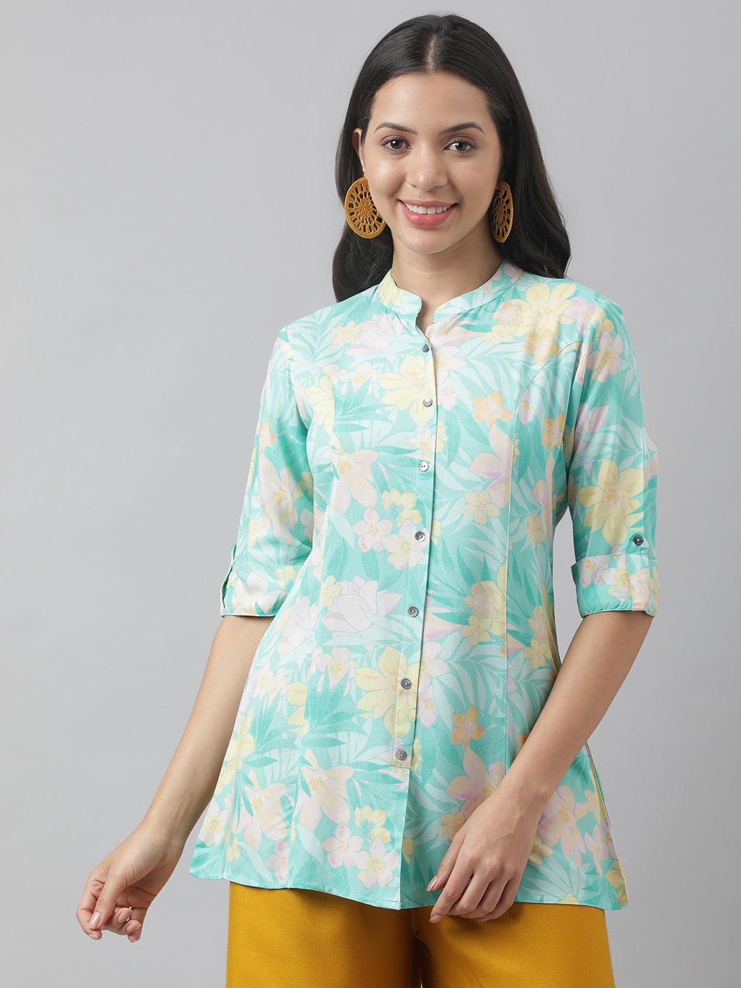 Sea Green Floral Printed Rayon A-line Shirt Style Top 