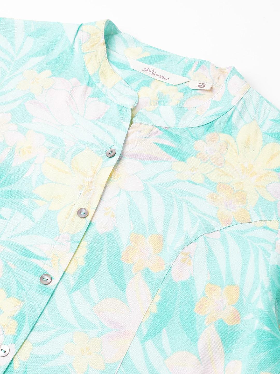 Sea Green Floral Printed Rayon A-line Shirt Style Top 