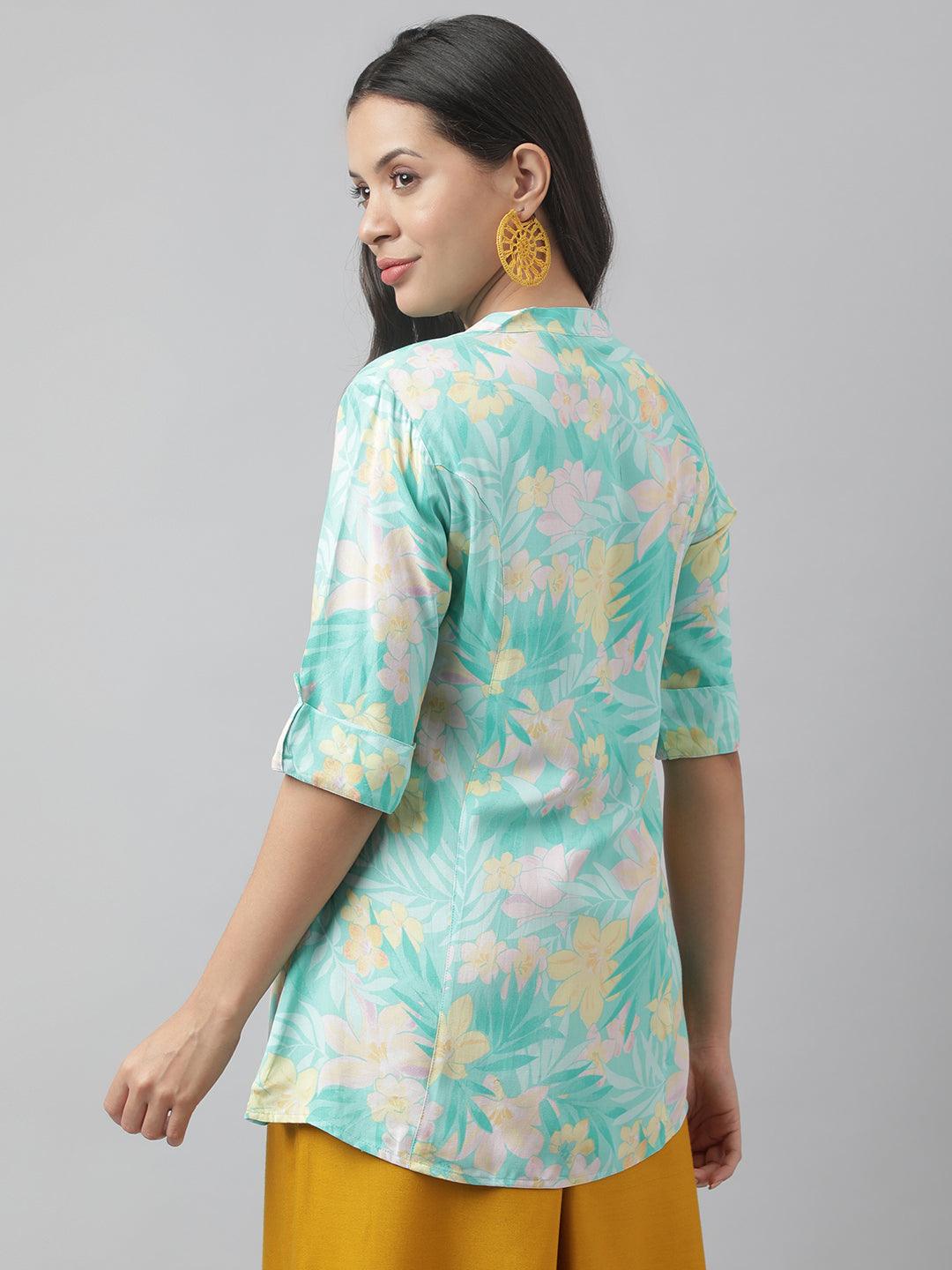  Sea Green Floral Printed Rayon A-line Shirt Style Top 
