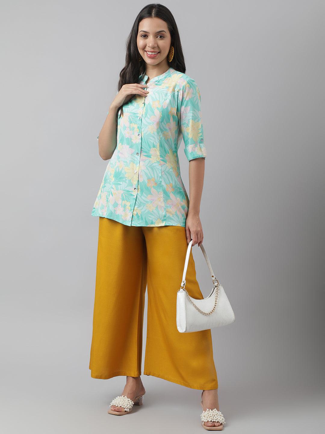  Sea Green Floral Printed Rayon A-line Shirt Style Top 