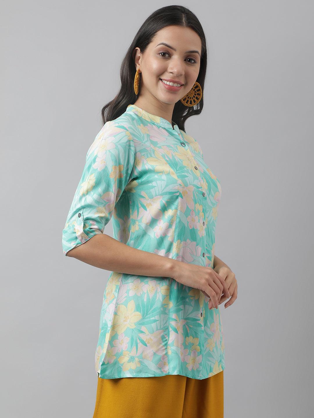  Sea Green Floral Printed Rayon A-line Shirt Style Top 