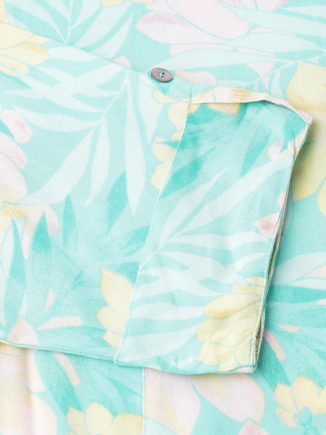  Sea Green Floral Printed Rayon A-line Shirt Style Top 