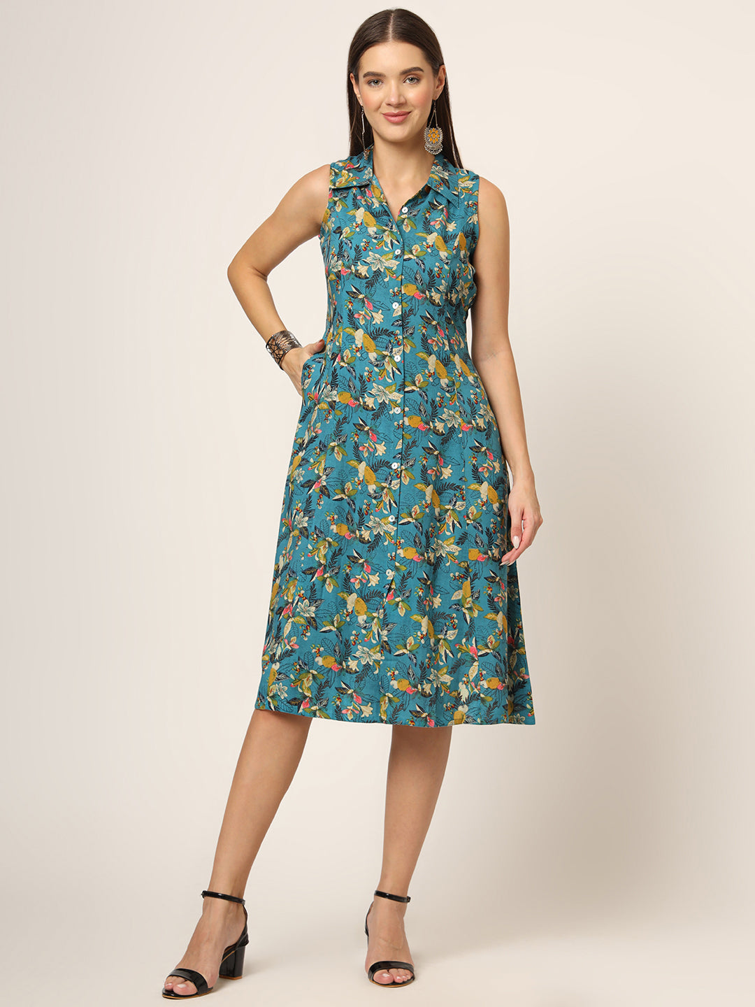 Blue Floral Print A-Line Midi Dress